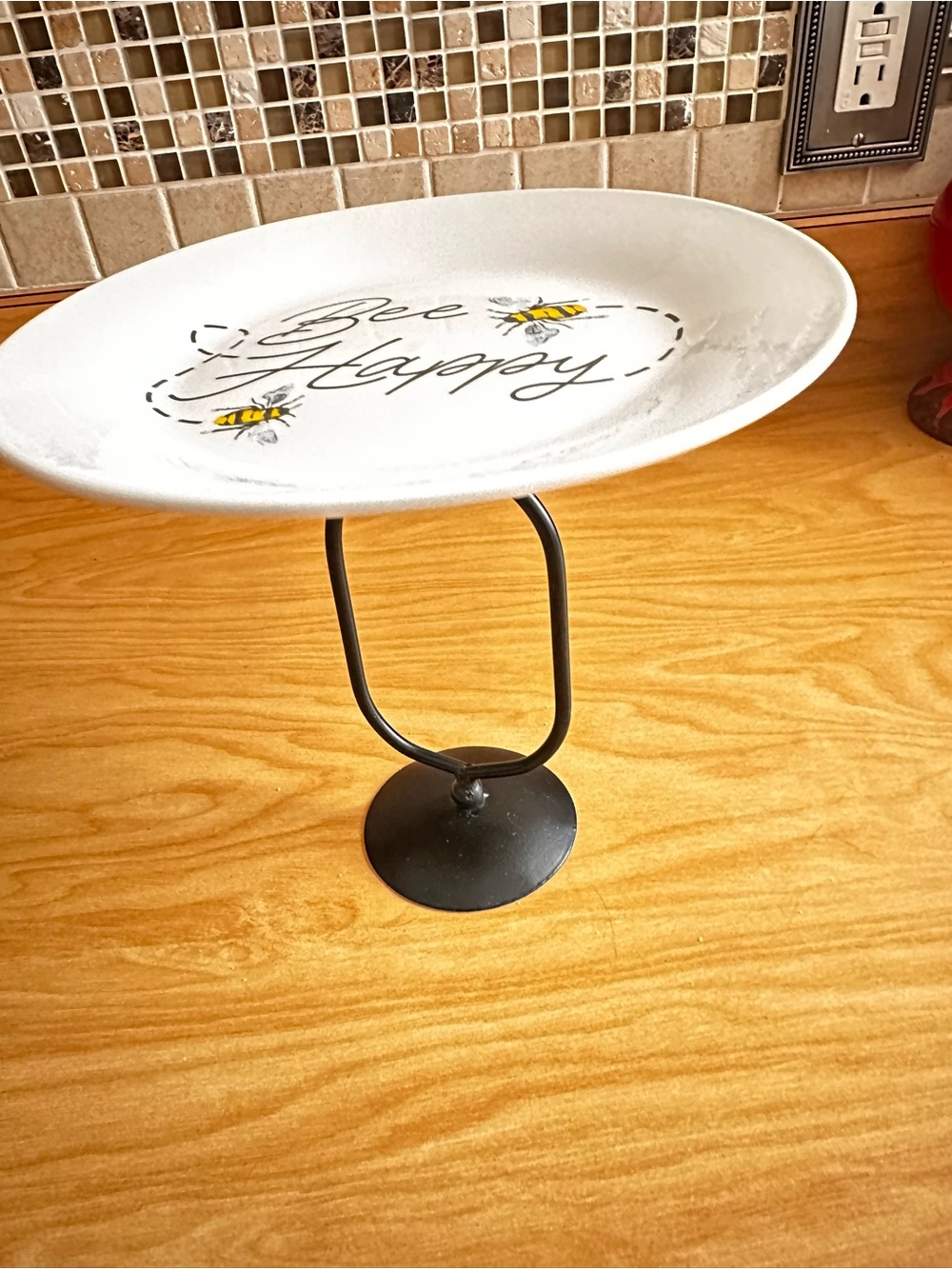 Handmade Bee Happy Decorative pedestal plate White with Yellow Bee Accents
